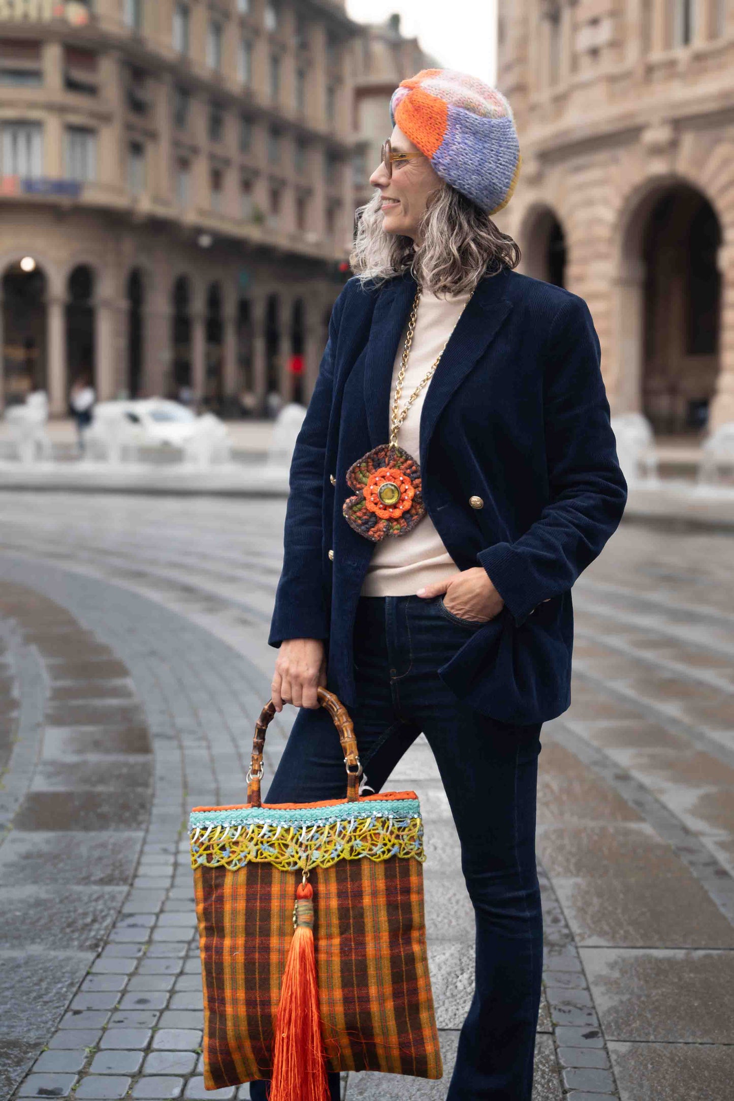 Borsa in lana tartan con manici bamboo - Tartan styled fabric bag with bamboo handles