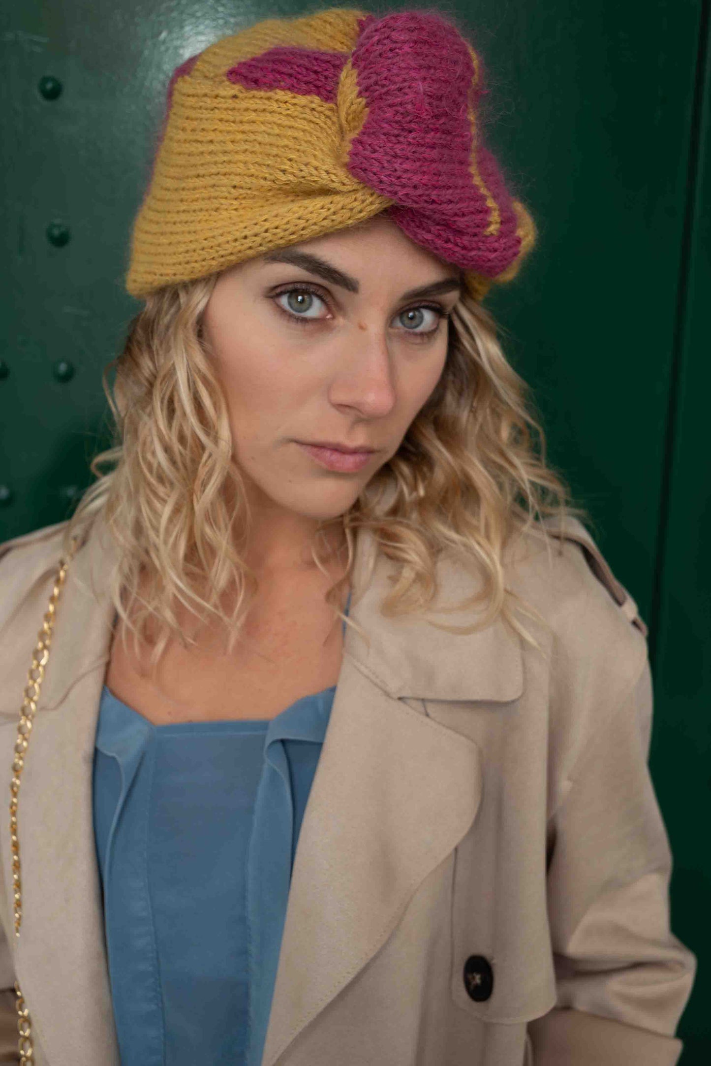 Cappello turbante tricot in lana gialla e malva  - Yellow and mauve woolen knitted turban hat
