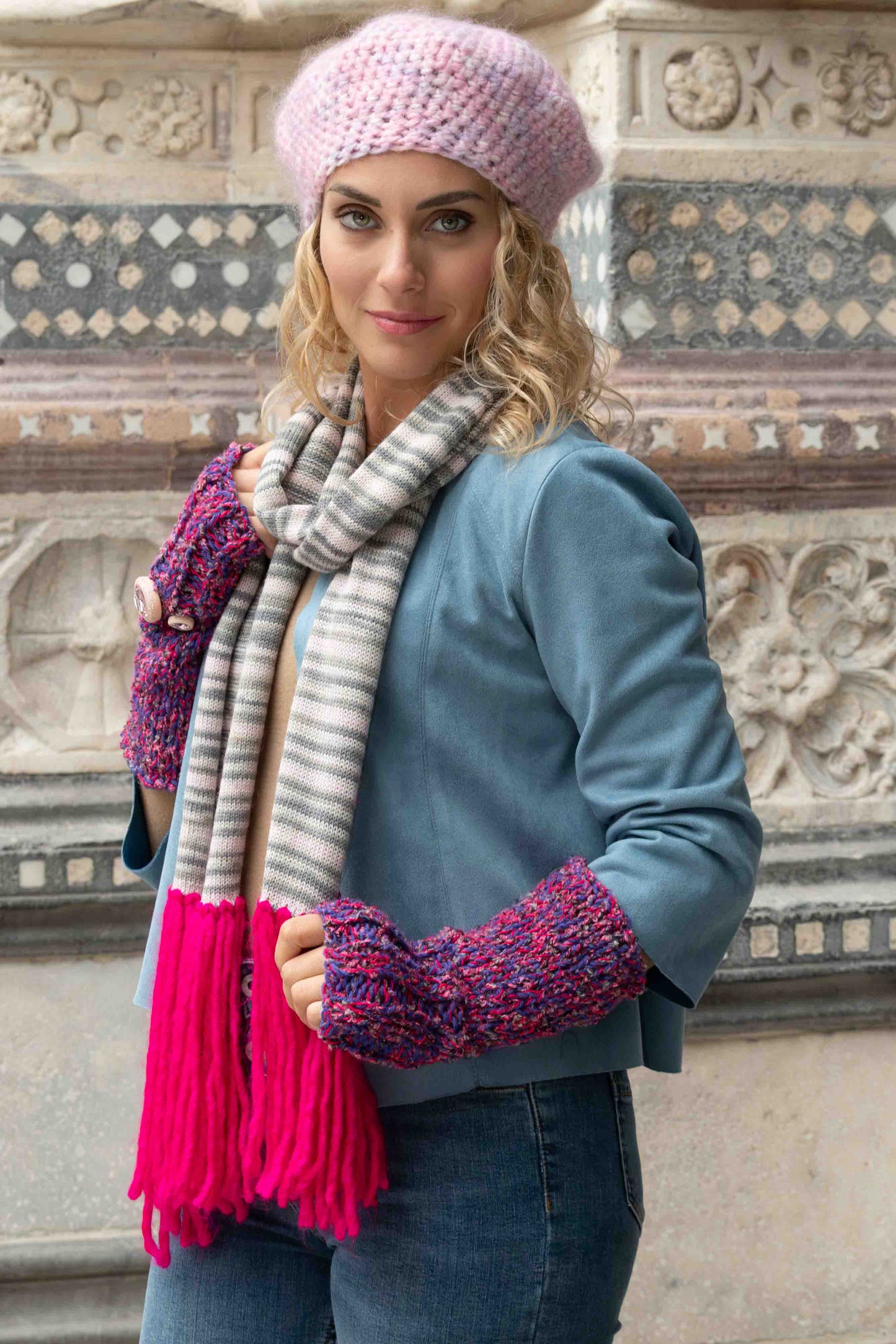 Sciarpa in lana merinos grigia e rosa melange - Merinos wool scarf in shades of gray and pink