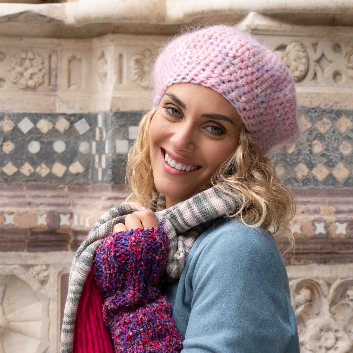 Sciarpa in lana merinos grigia e rosa melange - Merinos wool scarf in shades of gray and pink