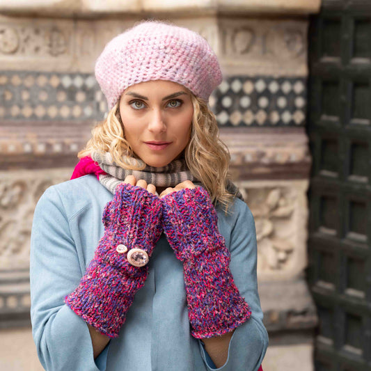 Mezzi guanti in lana e bouclè viola e fuxia - Fuxia and violet woolen and bouclè gloves