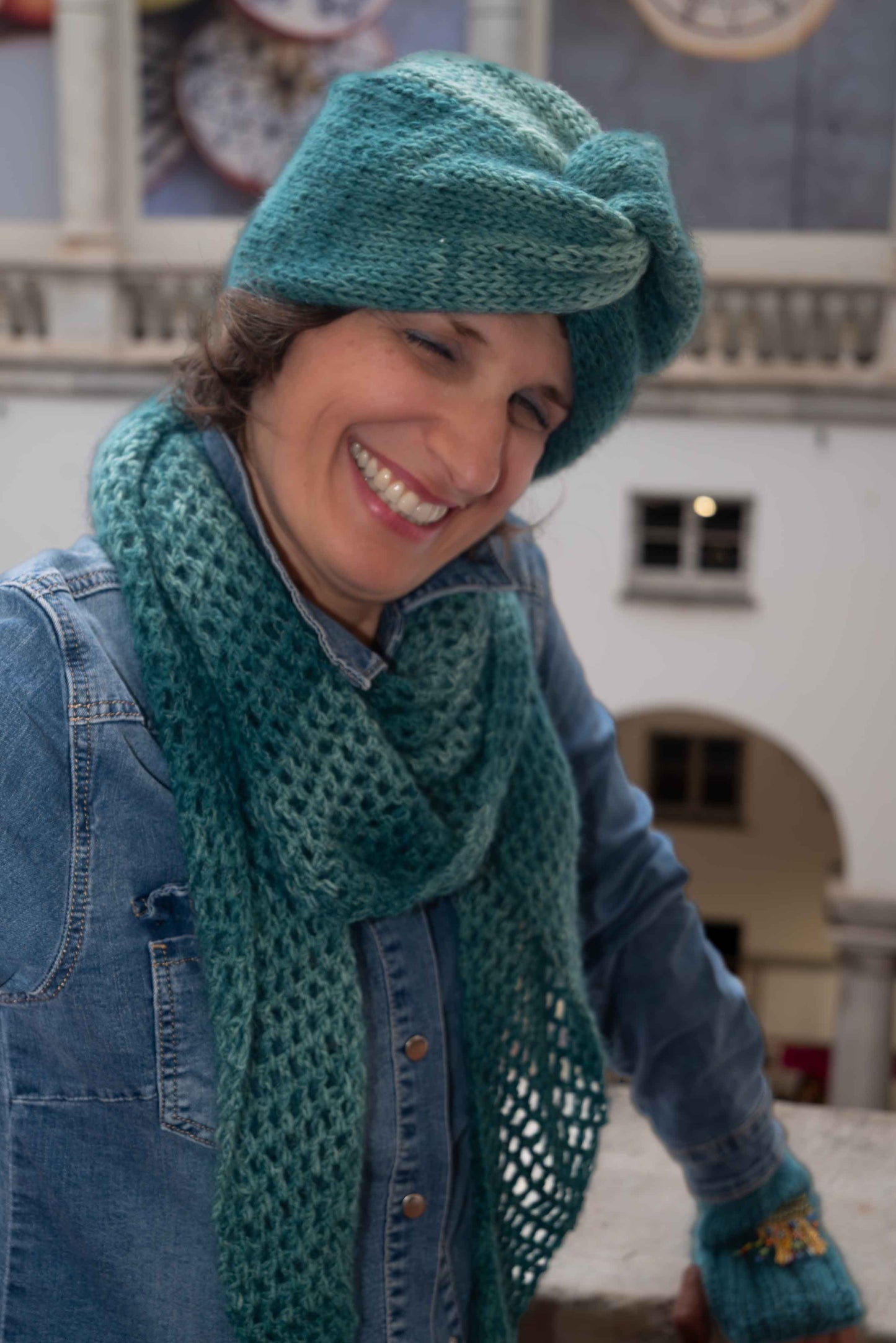 Cappello turbante in lana color acquamarina scuro melange - Woolen turban aquamarine hat