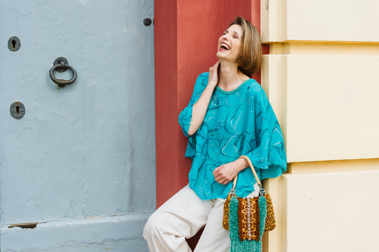 Poncho in seta turchese stampata - Printed turquoise silk poncho