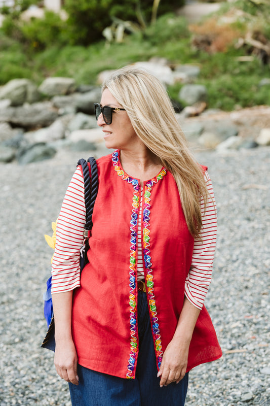 Gilet smanicato in lino rosso - Red linen sleeveless gilet