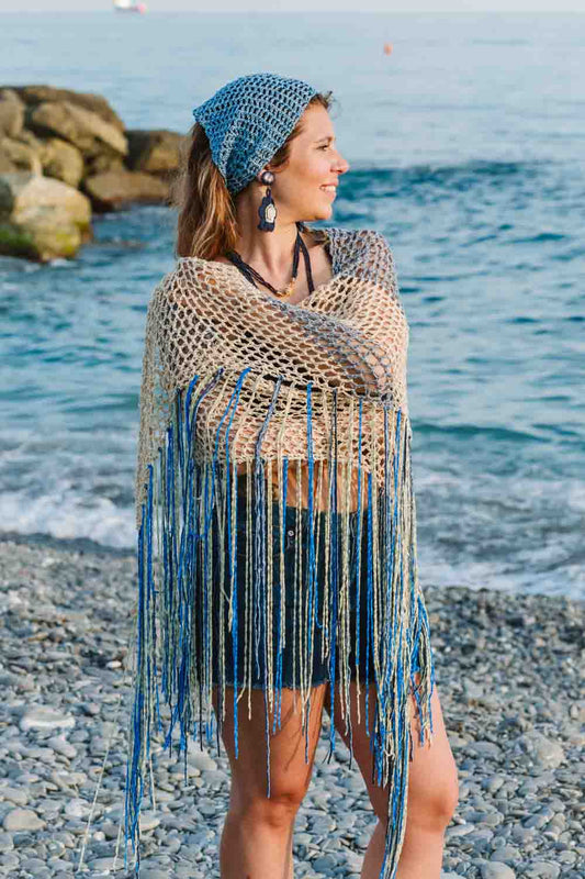 Scialle in lino e lurex con frange - Linen and lurex yarns shawl with fringes